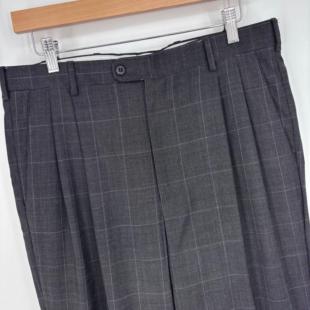 Zanella Bennett Dress Pants Mens 32x32 Gray Plaid Pleated 100% Wool Trousers